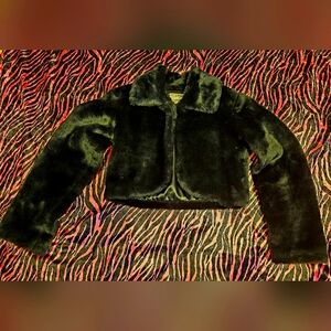 RARE 90s Rave Black Faux Fur Cropped Jacket Sz M Gadzooks 2000s Y2k Goth Vintage